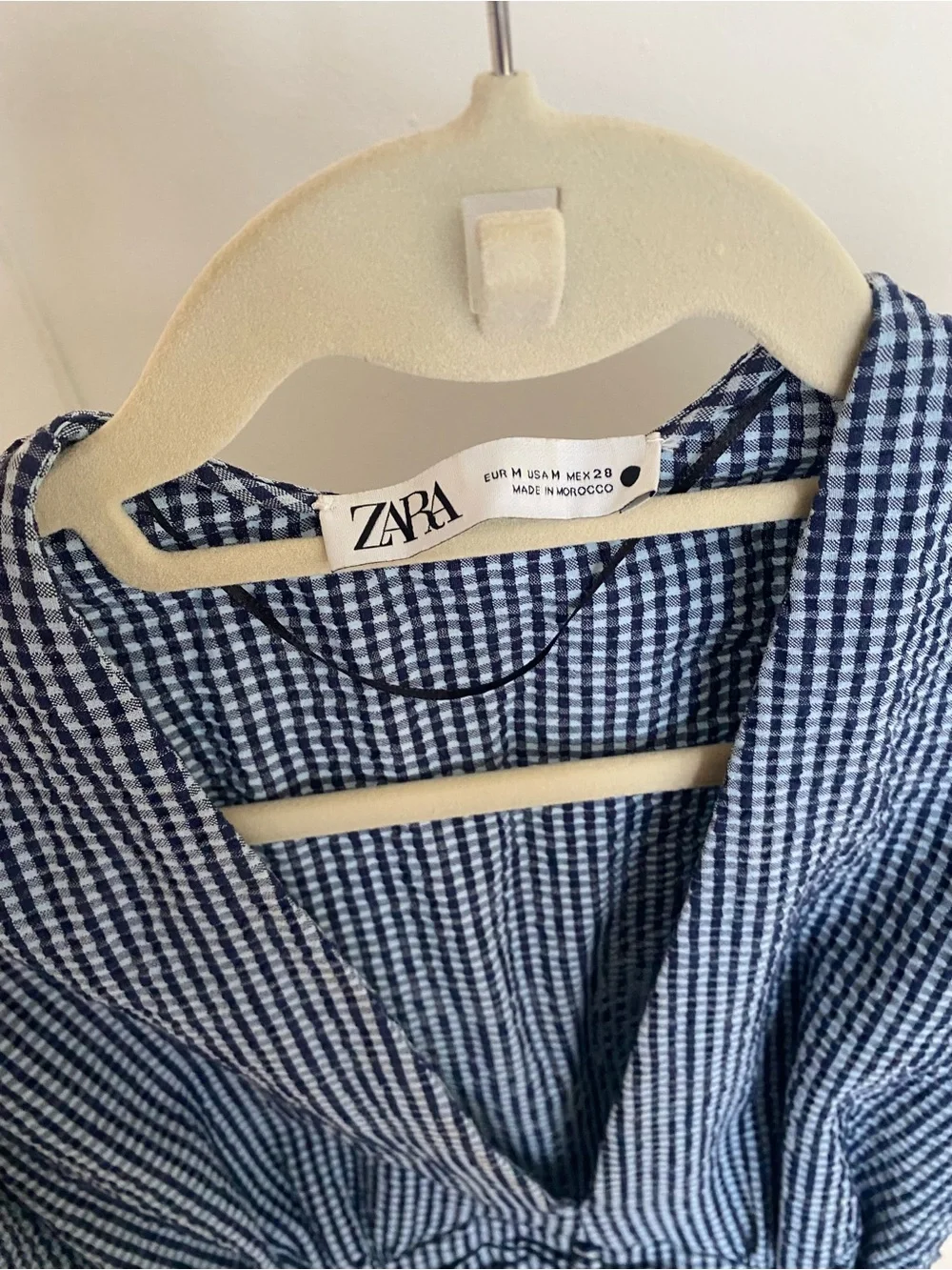 Zara Blue Gingham V-Neck Smocked Waist Long-Sleeve Top